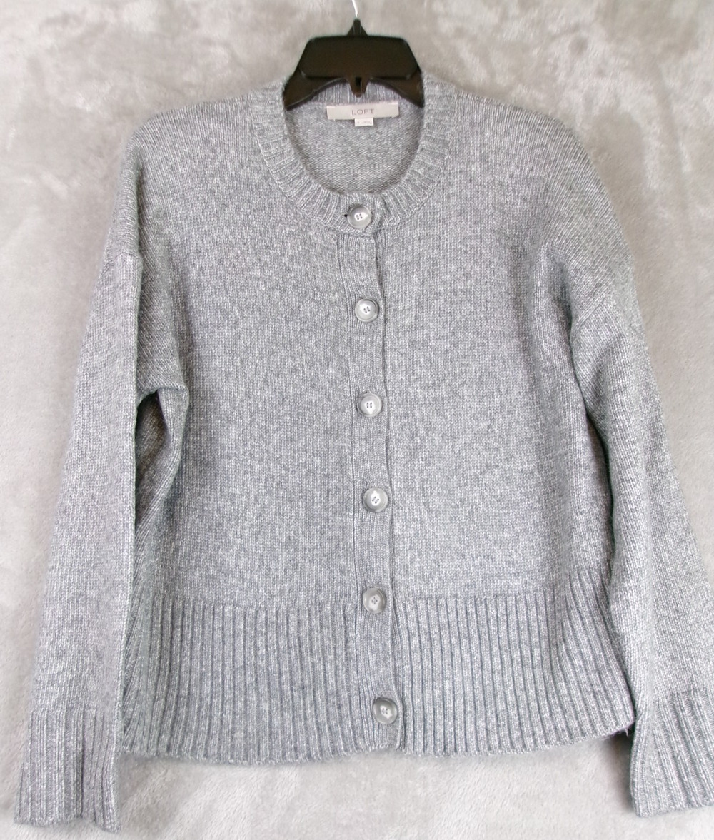 LOFT Women's M Gray Wool Blend Button Front Crewneck Cardigan Sweater